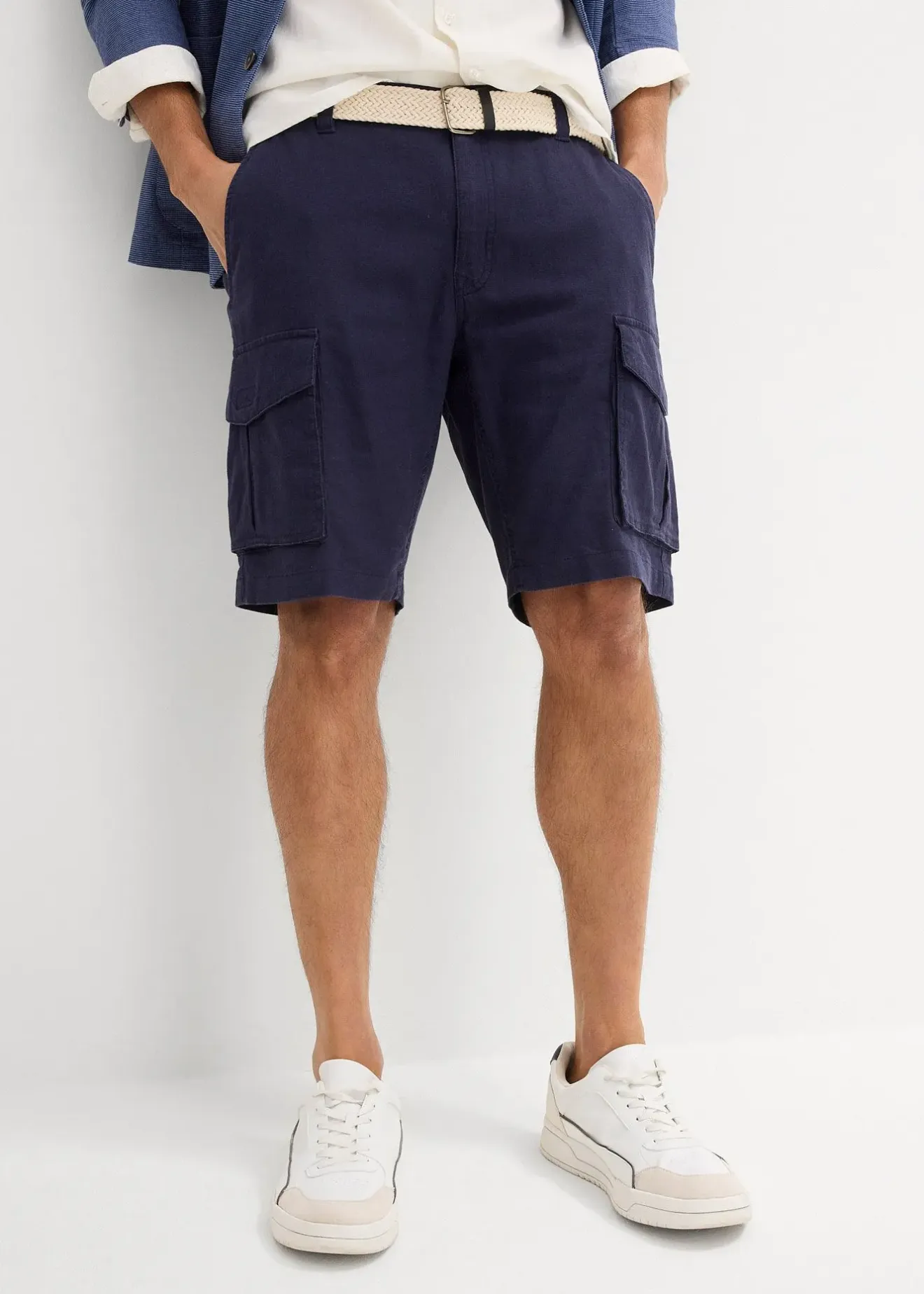 Homme bonprix Shorts|Pantalons|Bermuda cargo avec lin et ceinture, Regular