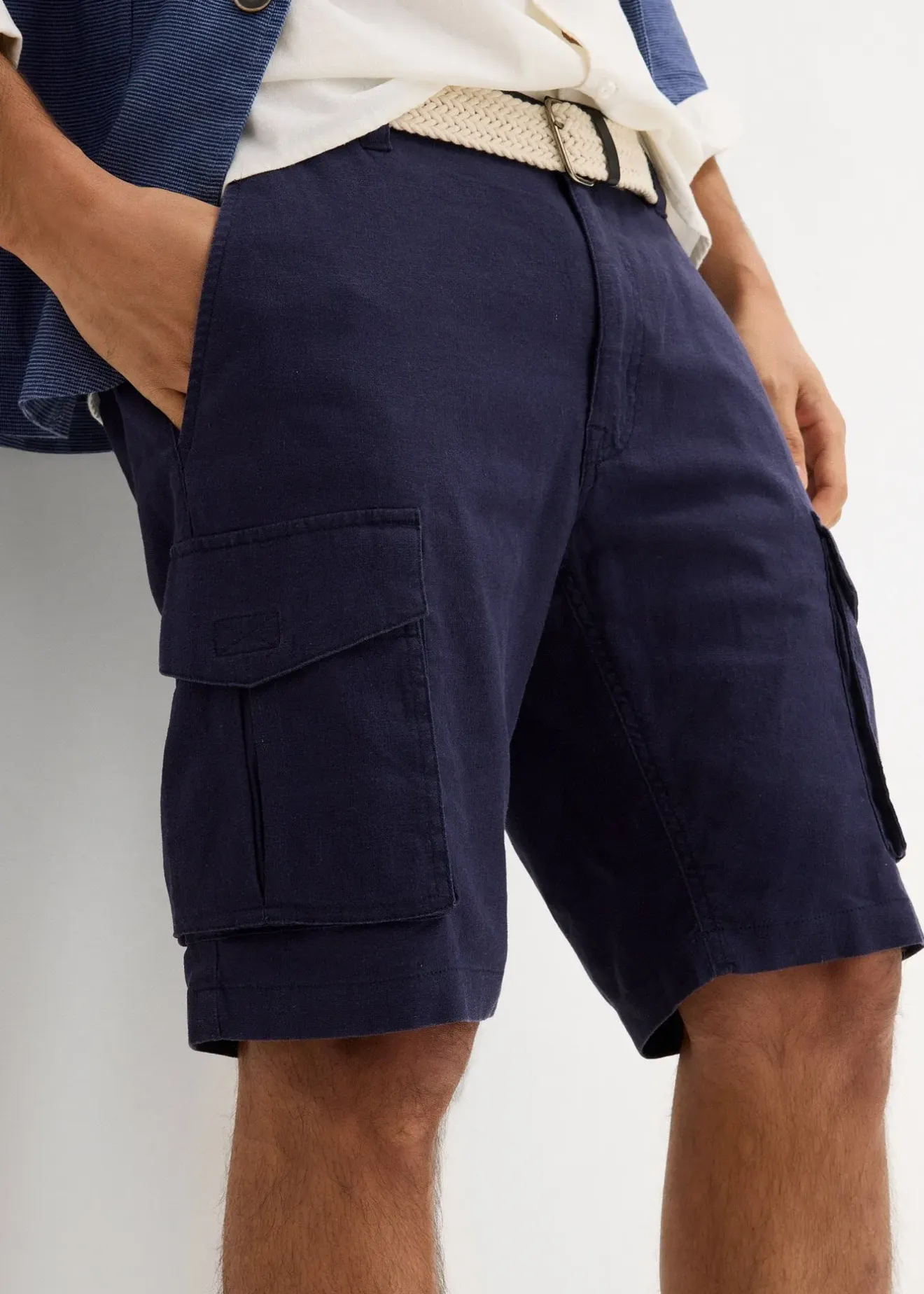 Homme bonprix Shorts|Pantalons|Bermuda cargo avec lin et ceinture, Regular