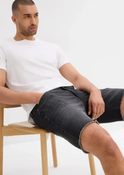Homme bonprix Shorts|Jeans|Bermuda en jean extensible à finitions effilochées, loose