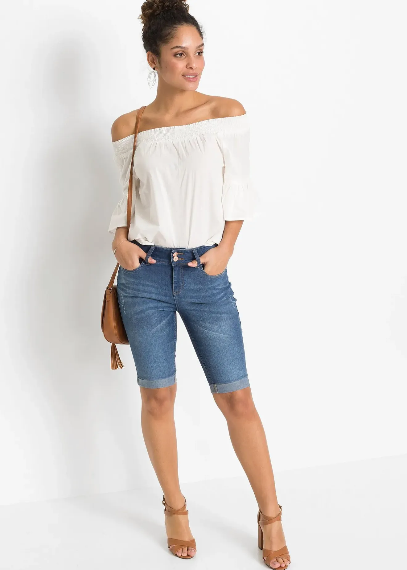 Femme bonprix Shorts|Jeans|Bermuda en jean, taille mi-haute