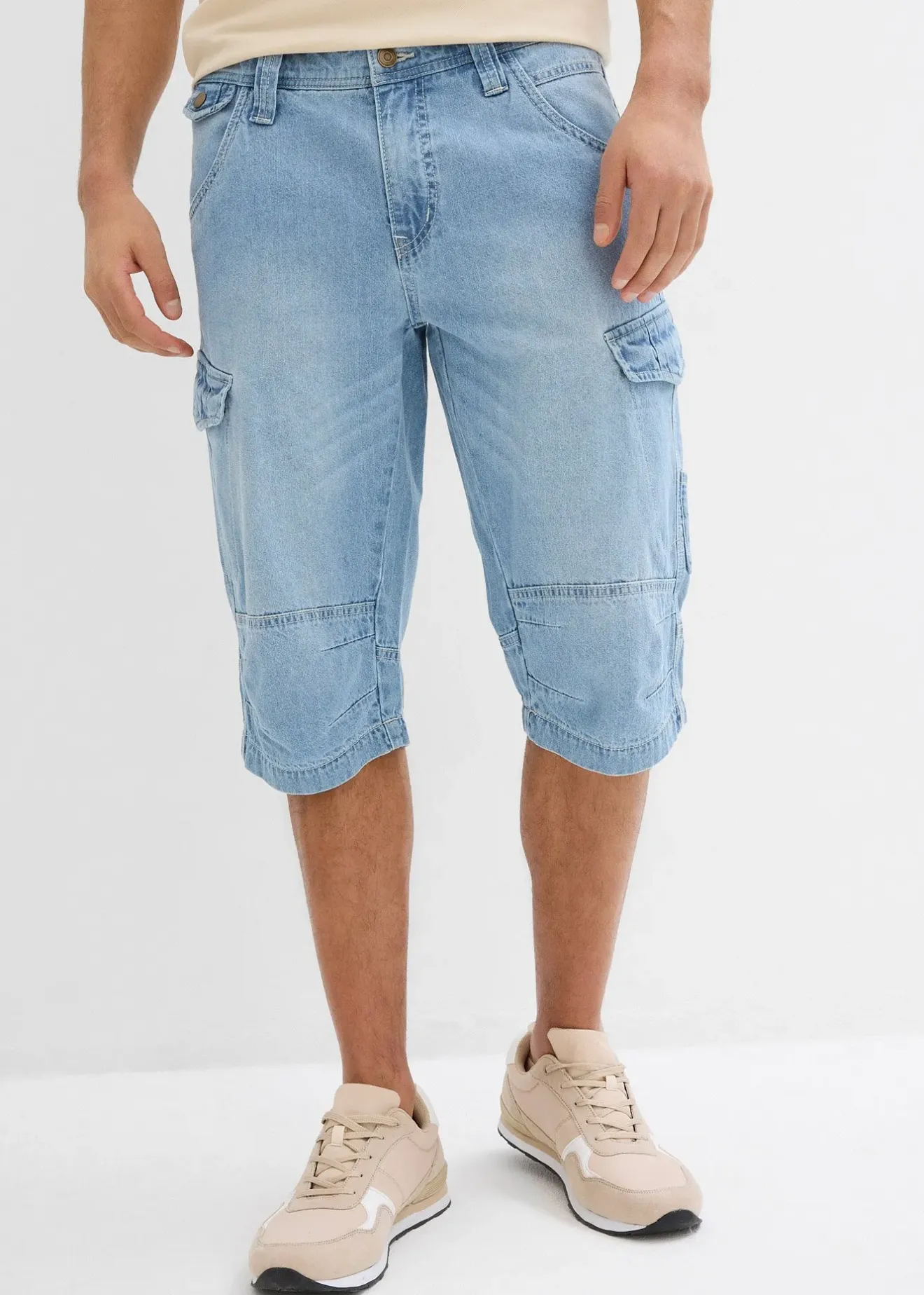 Homme bonprix Shorts|Jeans|Bermuda long poches cargo en denim léger, coupe loose