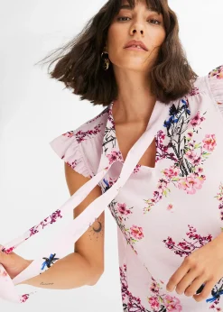 bonprix Blouse à lavallière et mancherons volantés|Femme Chemisiers