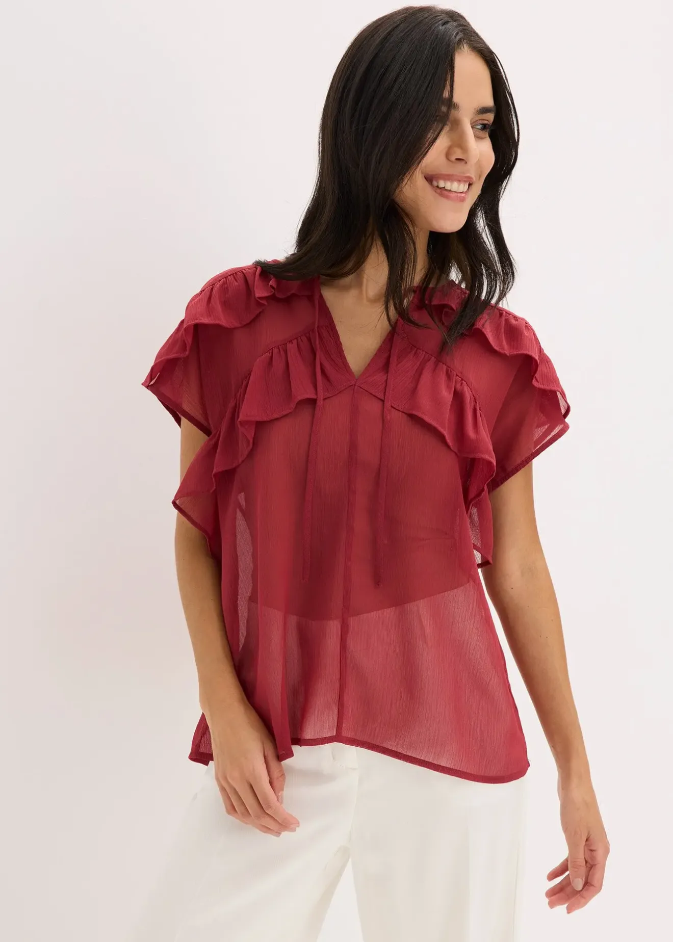 bonprix Blouse en crêpe à volants|Femme Chemisiers