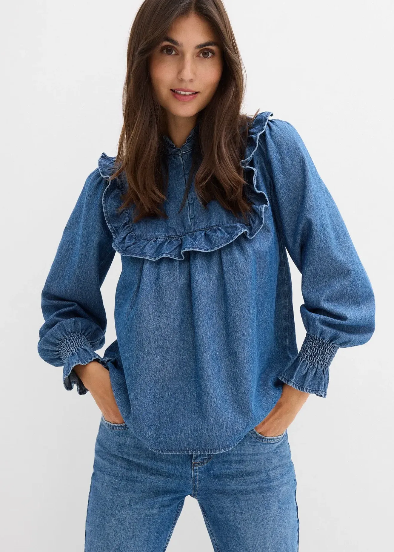 Femme bonprix Chemisiers|Blouse en jean à volants