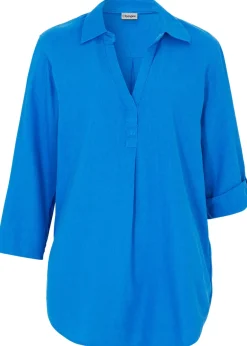 bonprix Blouse en lin mélangé, manches 3/4|Femme Chemisiers