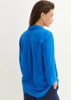 bonprix Blouse en lin mélangé, manches 3/4|Femme Chemisiers