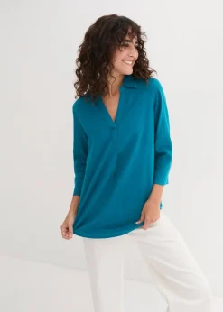 bonprix Blouse en lin mélangé, manches 3/4|Femme Chemisiers
