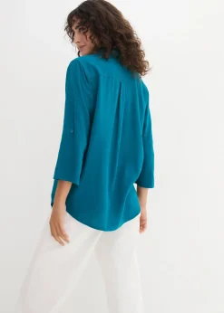 bonprix Blouse en lin mélangé, manches 3/4|Femme Chemisiers