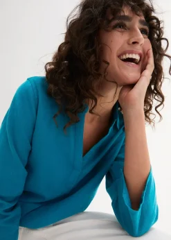 bonprix Blouse en lin mélangé, manches 3/4|Femme Chemisiers