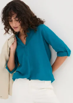 bonprix Blouse en lin mélangé, manches 3/4|Femme Chemisiers