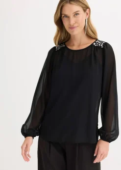 bonprix Blouse en mousseline avec strass sur les épaules|Femme Mode Festive|Chemisiers