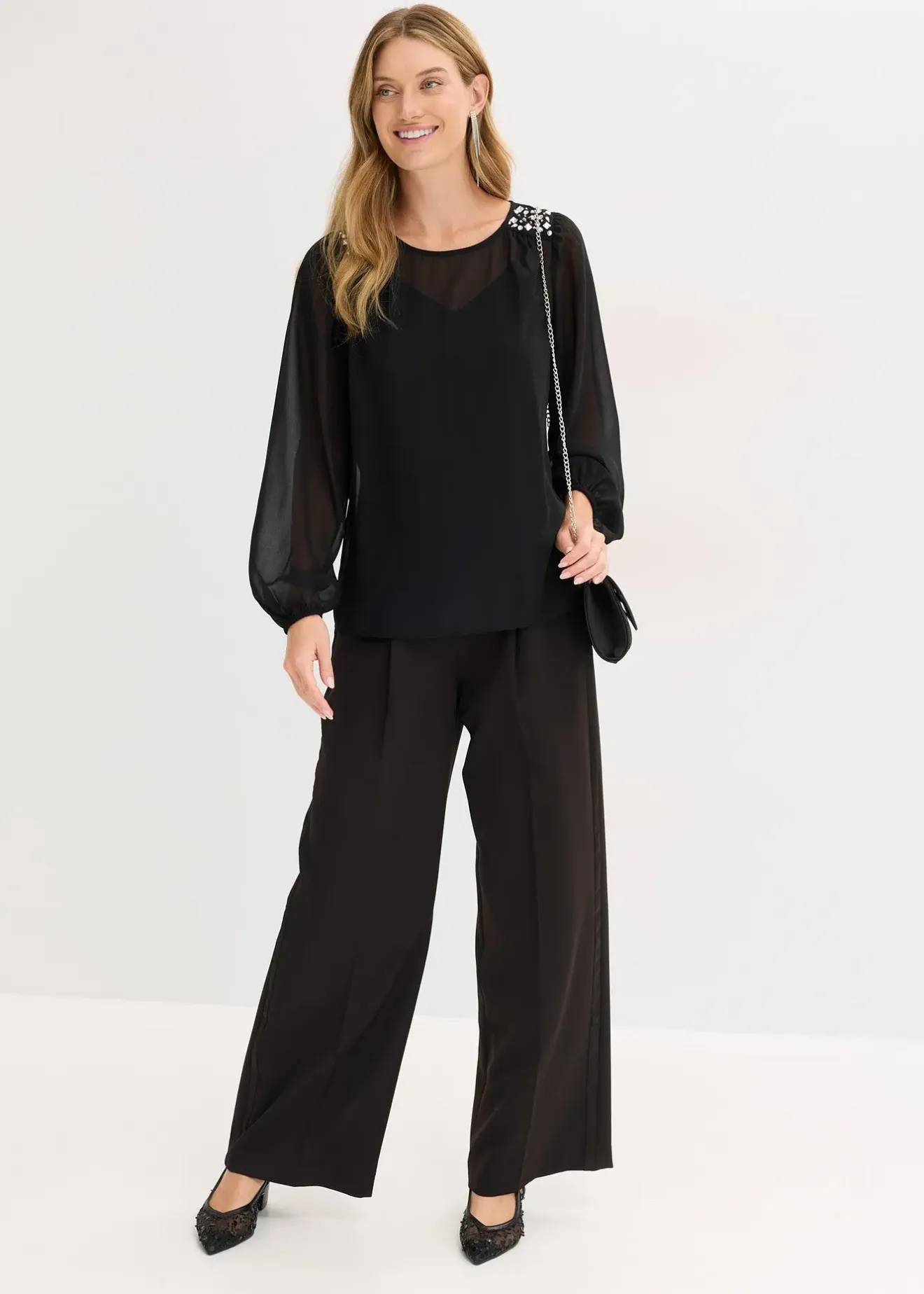 bonprix Blouse en mousseline avec strass sur les épaules|Femme Mode Festive|Chemisiers