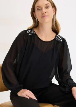 bonprix Blouse en mousseline avec strass sur les épaules|Femme Mode Festive|Chemisiers