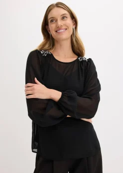 bonprix Blouse en mousseline avec strass sur les épaules|Femme Mode Festive|Chemisiers