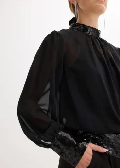 bonprix Blouse en tulle fin avec empiècements à sequins|Femme Mode Festive|Chemisiers