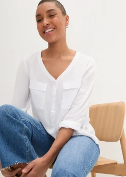 bonprix Blouse fluide à col en V et manches longues|Femme Chemisiers
