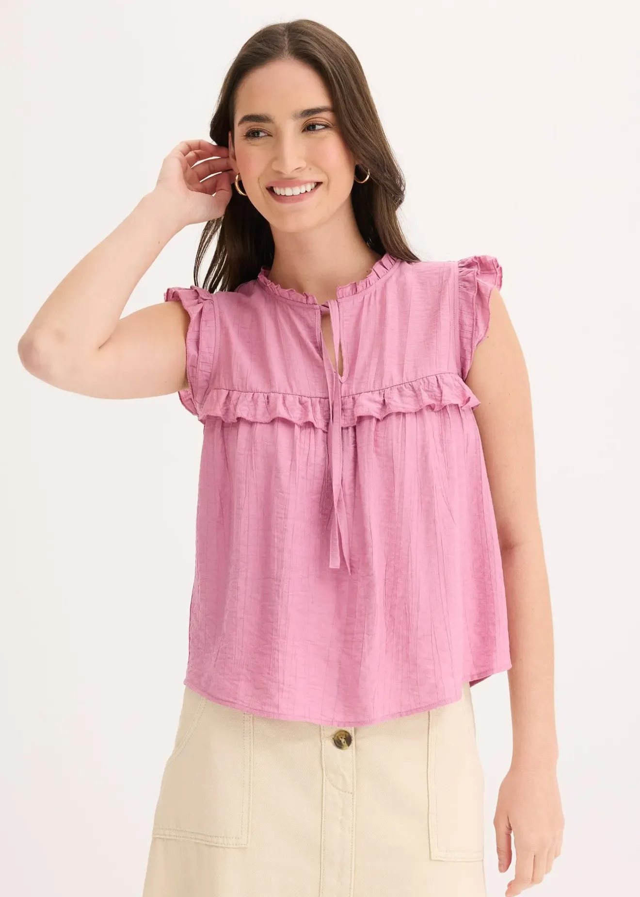 bonprix Blouse volantée en viscose mélangée|Femme Chemisiers