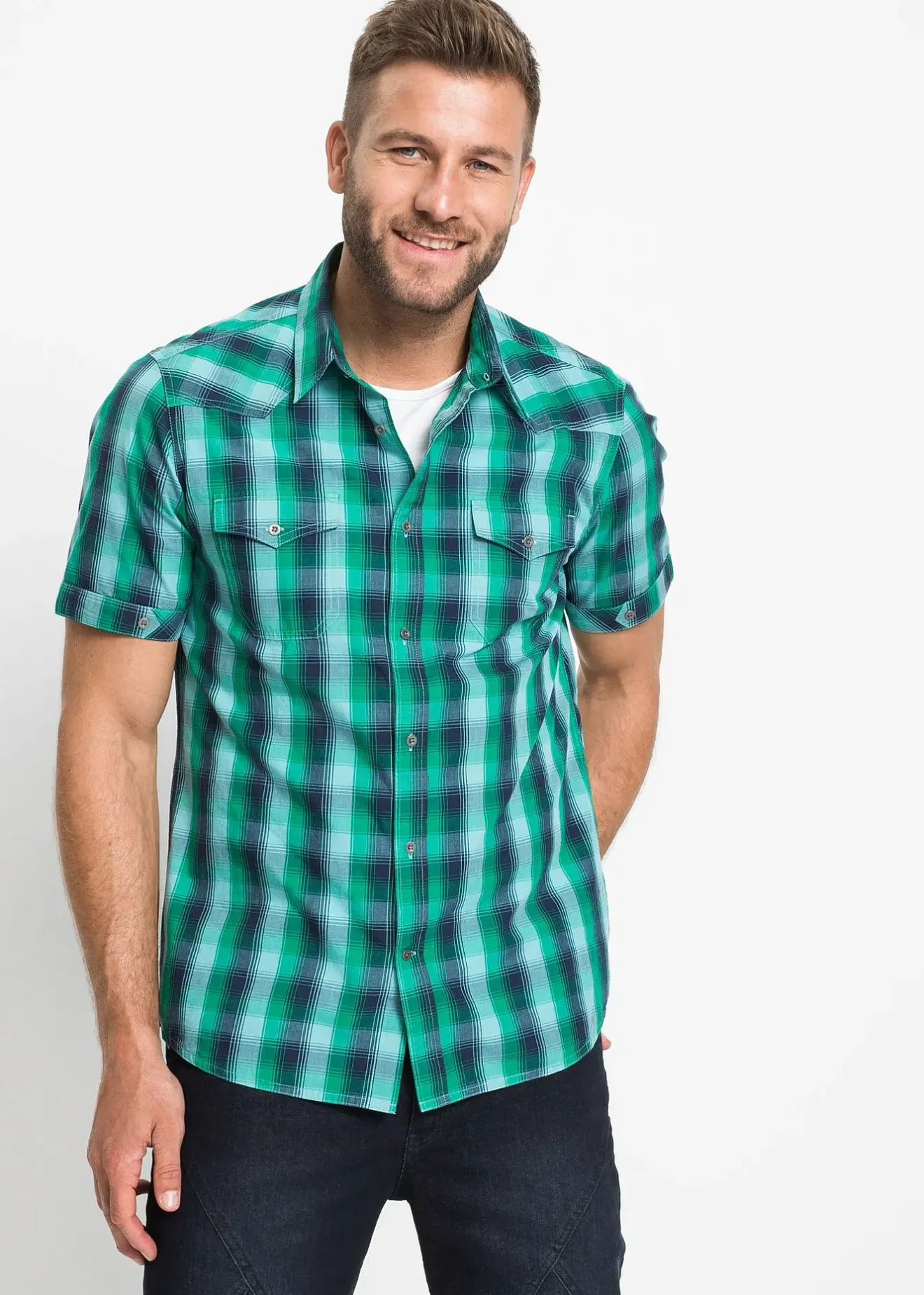 Homme bonprix Chemises|Chemise manches courtes à poches plaquées