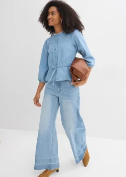 bonprix Chemisier en jean à manches bouffantes, coton|Femme Chemisiers