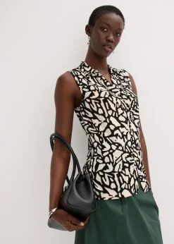 bonprix Chemisier froncé sans manches, col polo|Femme T-Shirts & Tops