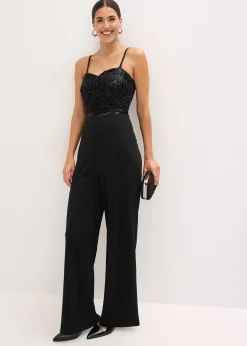 bonprix Combinaison en crêpe texturé avec perles brodées|Femme Mode Festive|Combinaisons