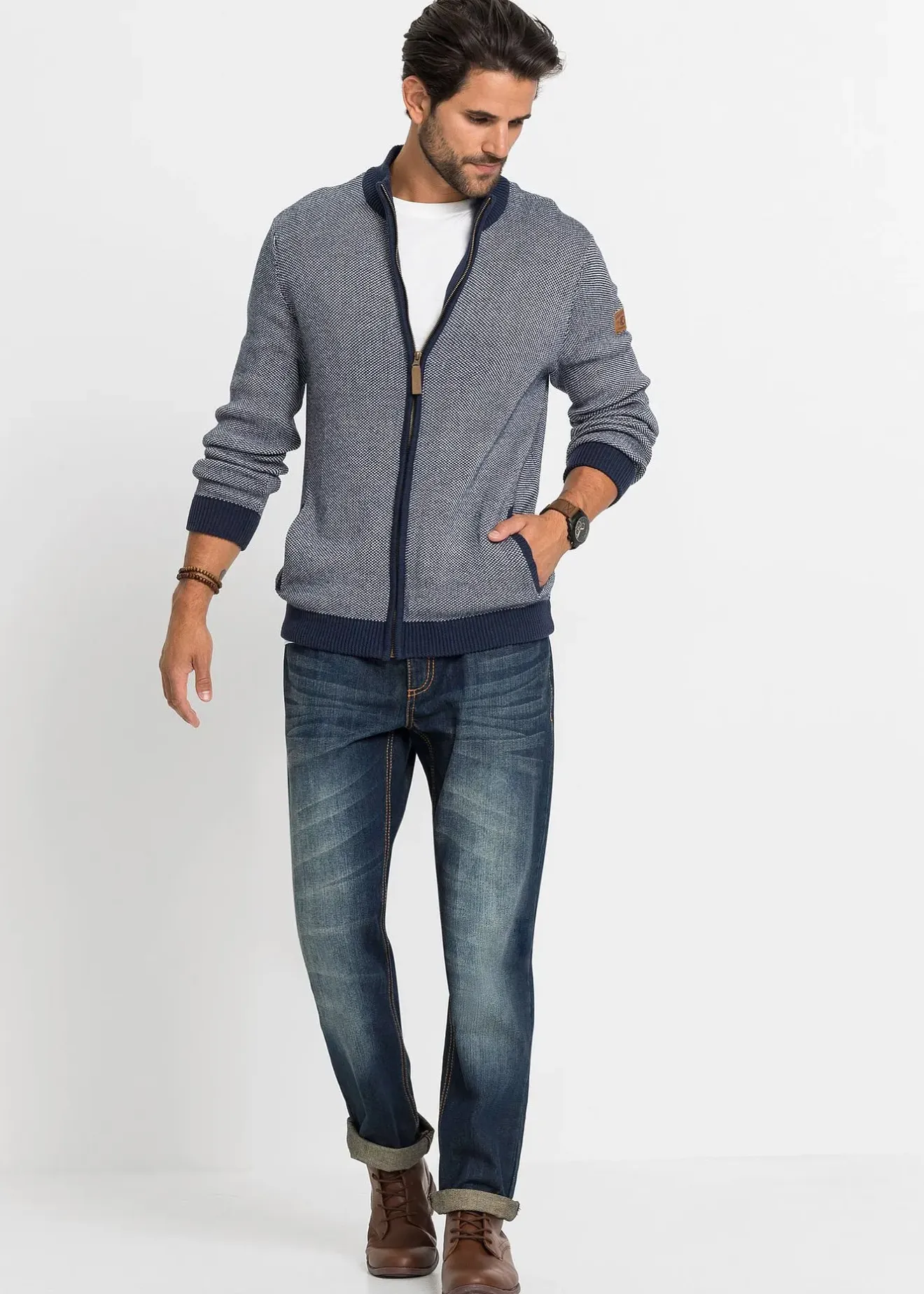 bonprix Gilet en maille 100% coton à col montant|Homme Pulls & Gilets