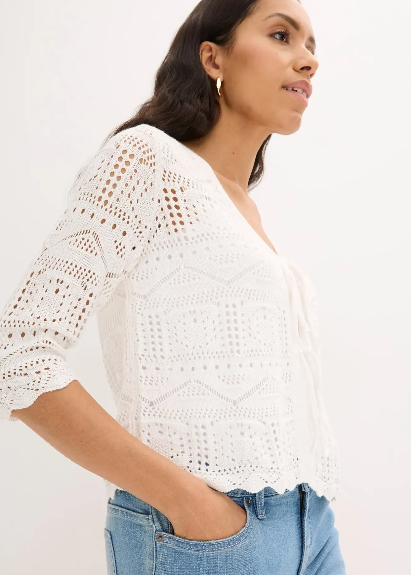 bonprix Gilet en maille ajourée à nouer|Femme Maille|Pulls & Gilets