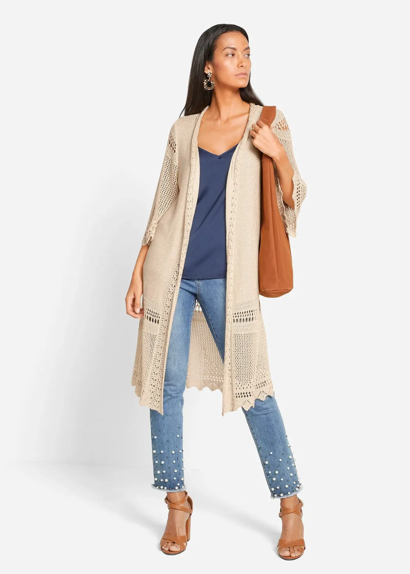 bonprix Gilet long en maille ajourée|Femme Maille|Pulls & Gilets