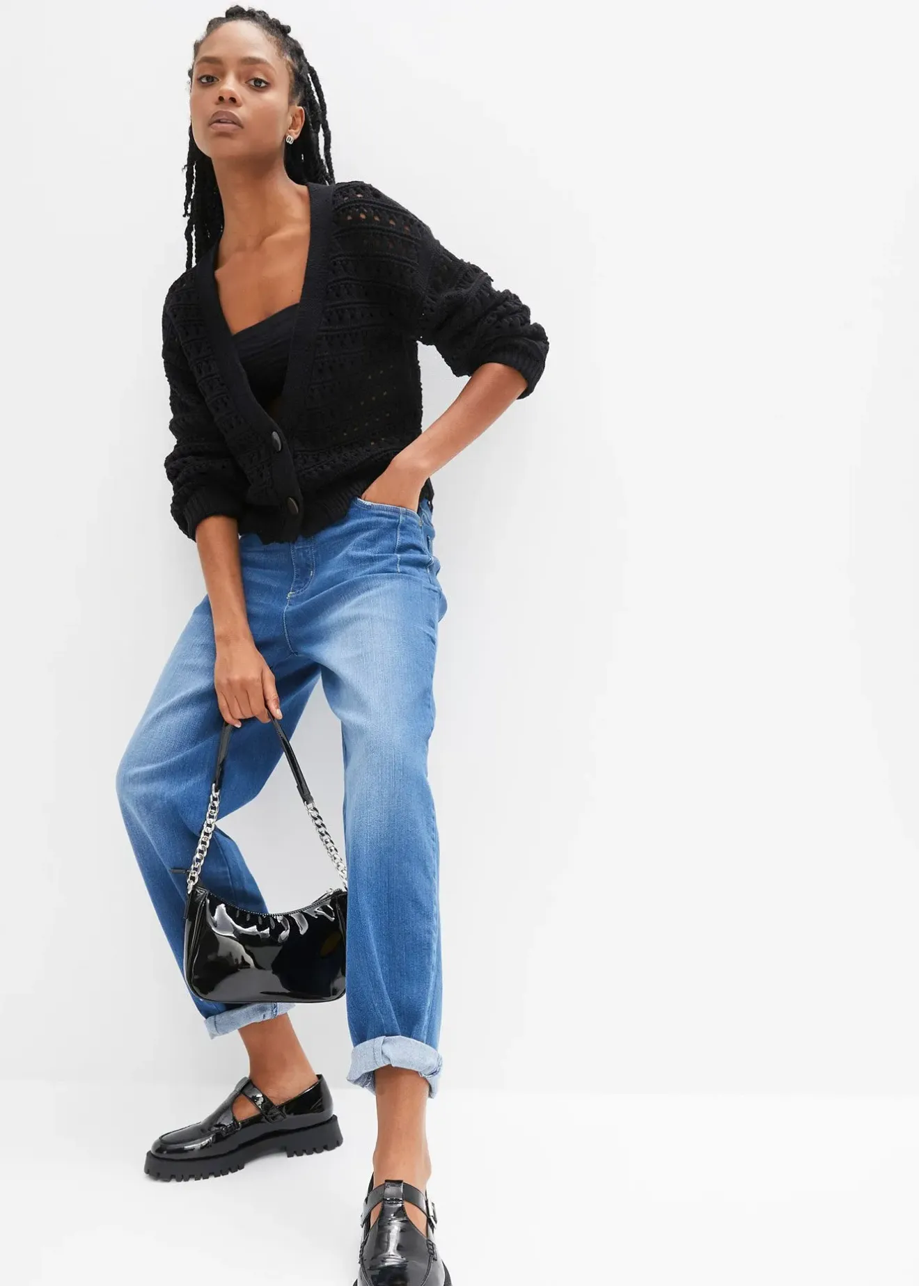 Femme bonprix Jeans|Jean barrel taille haute en coton