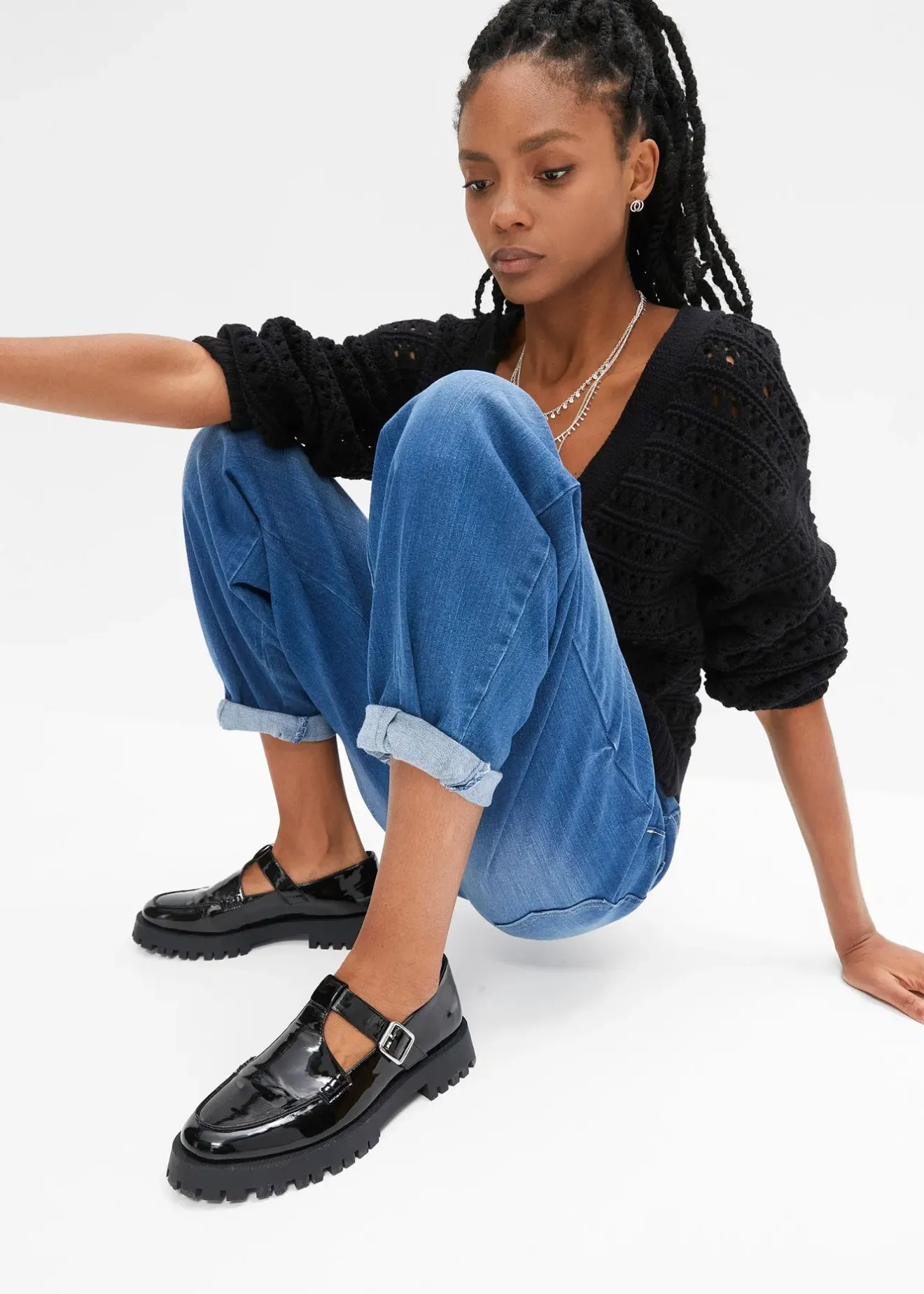 Femme bonprix Jeans|Jean barrel taille haute en coton