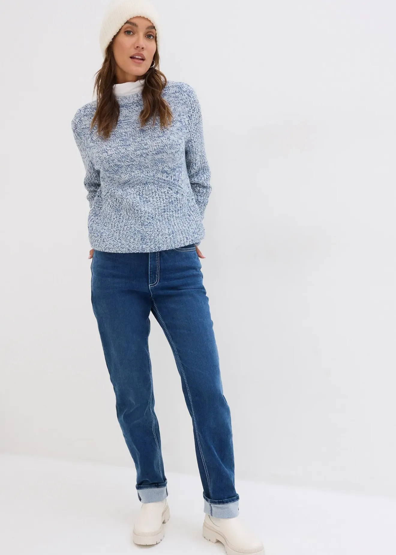 Femme bonprix Jeans|Jean chaud droit, taille haute