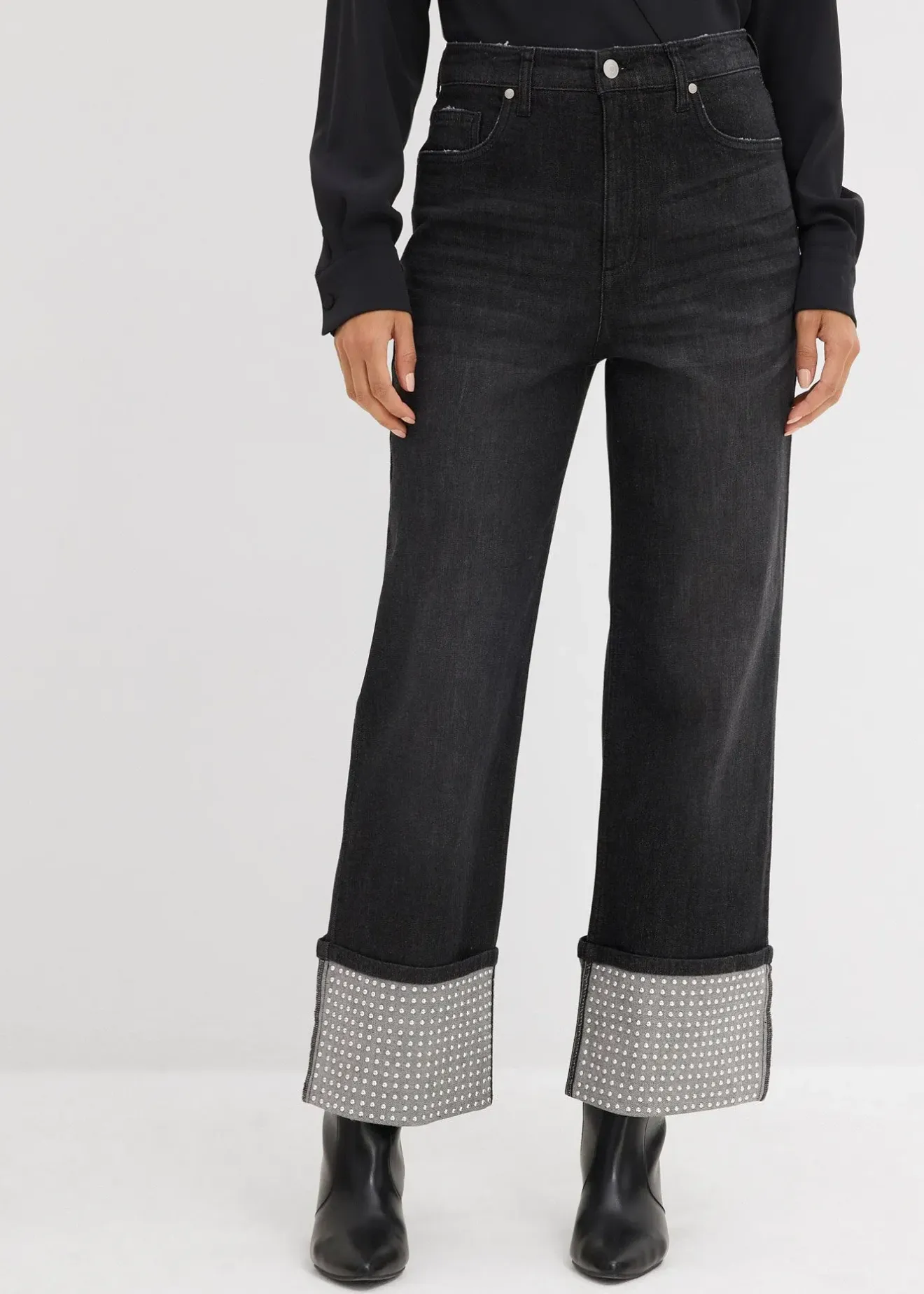 Femme bonprix Jeans|Jean droit à revers, taille haute