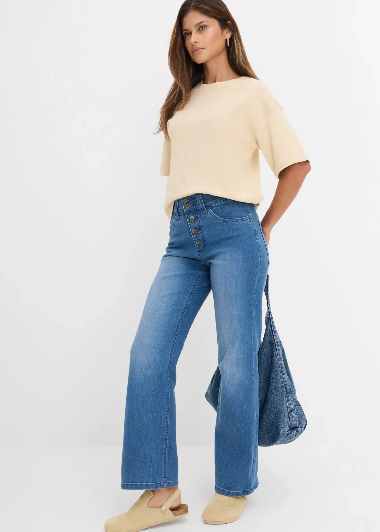 Femme bonprix Jeans|Jean droit taille haute, extensible