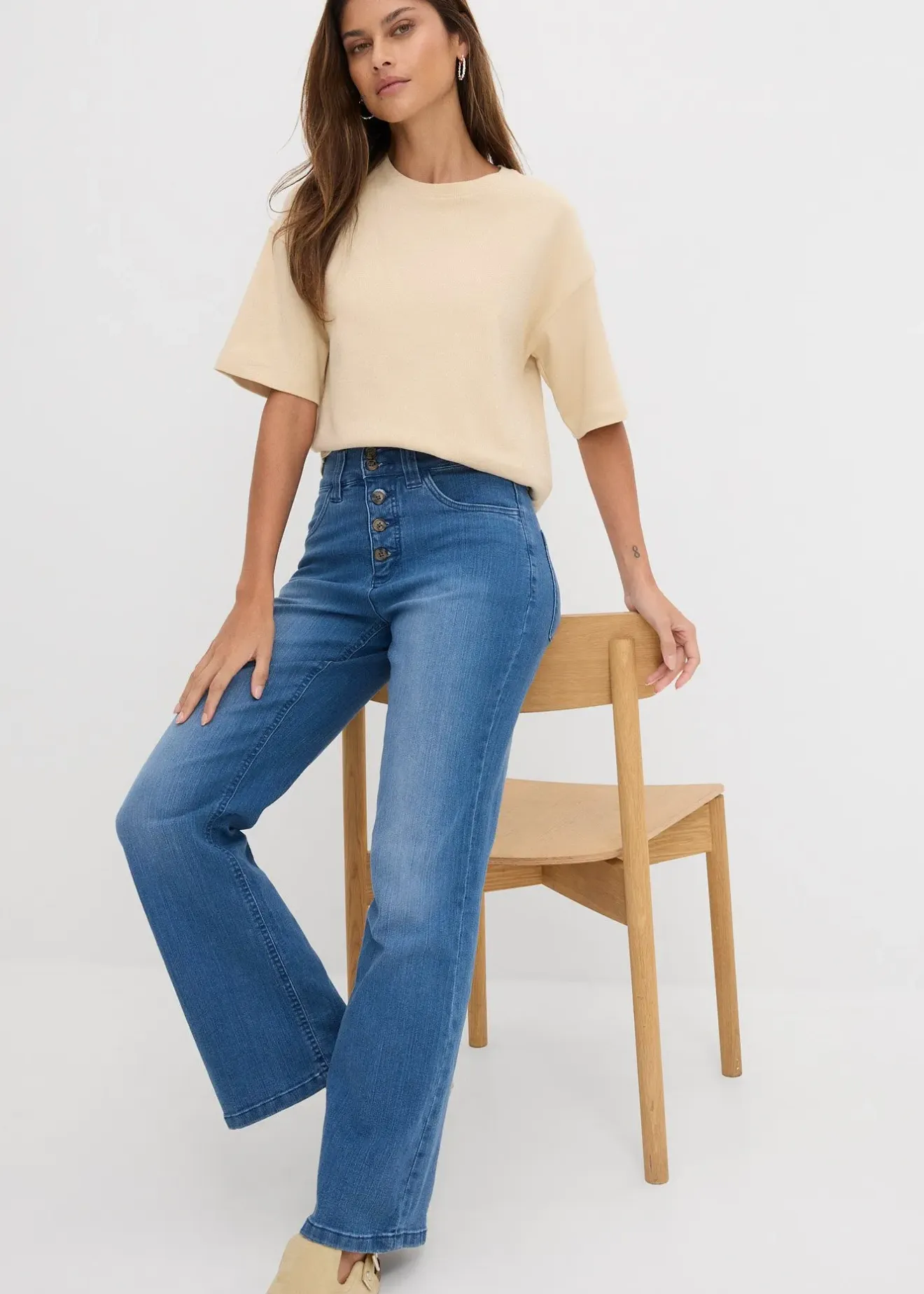 Femme bonprix Jeans|Jean droit taille haute, extensible