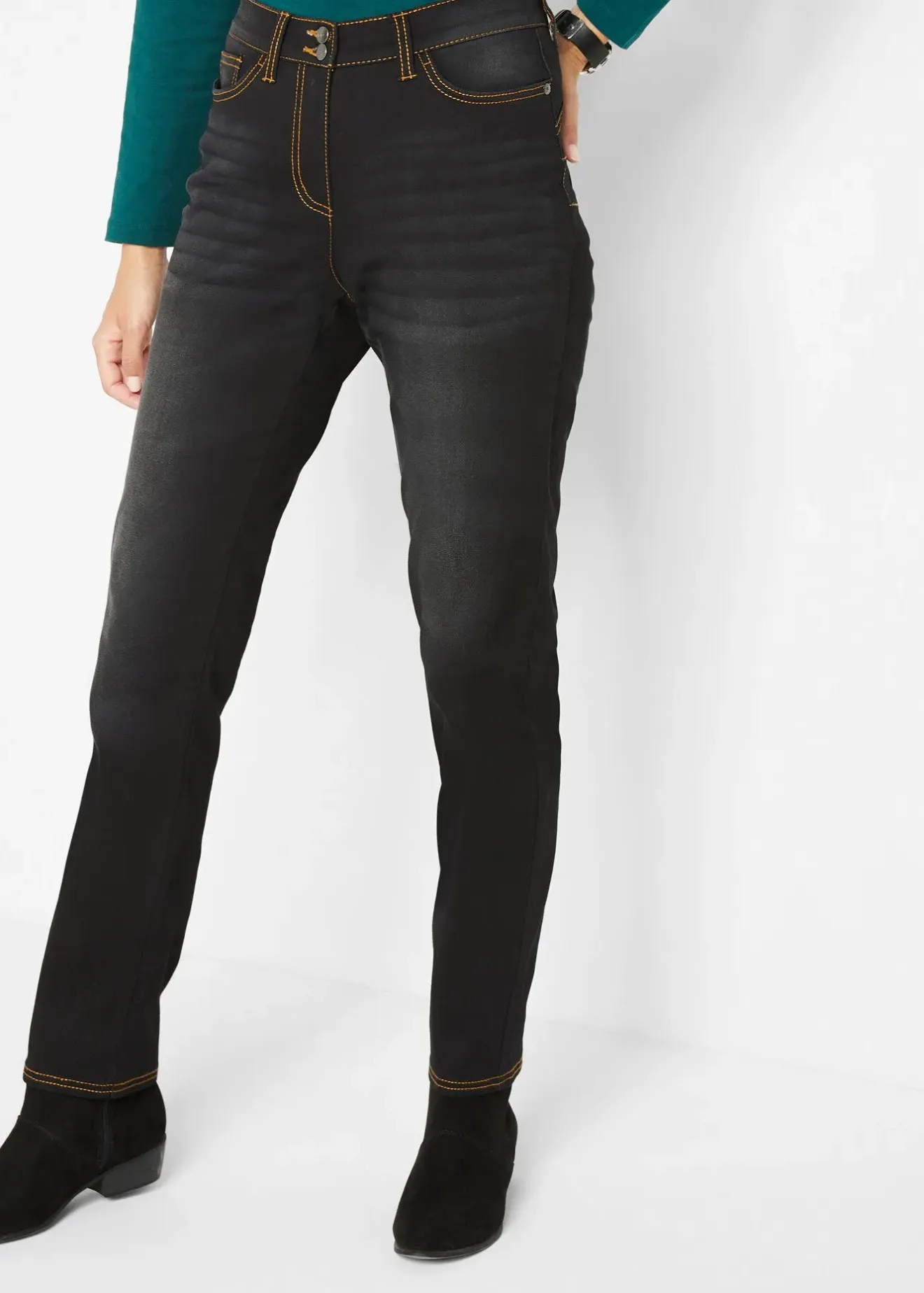 Femme bonprix Vêtements Thermiques|Jeans|Jean droit taille mi-haute élastiquée, doublure chaude