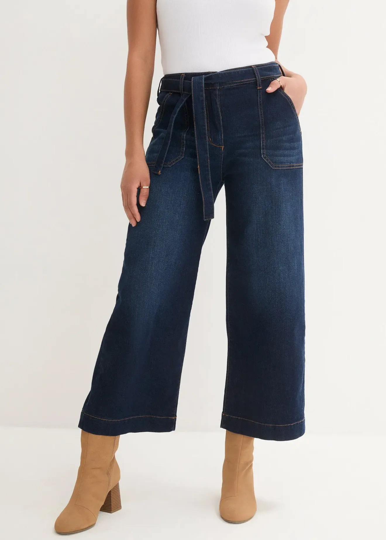 Femme bonprix Jeans|Jean large raccourci, taille haute élastiquée