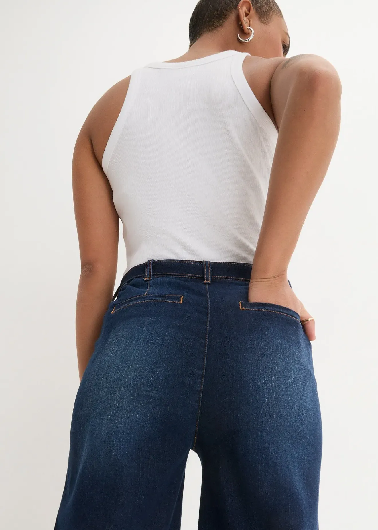 Femme bonprix Jeans|Jean large raccourci, taille haute élastiquée