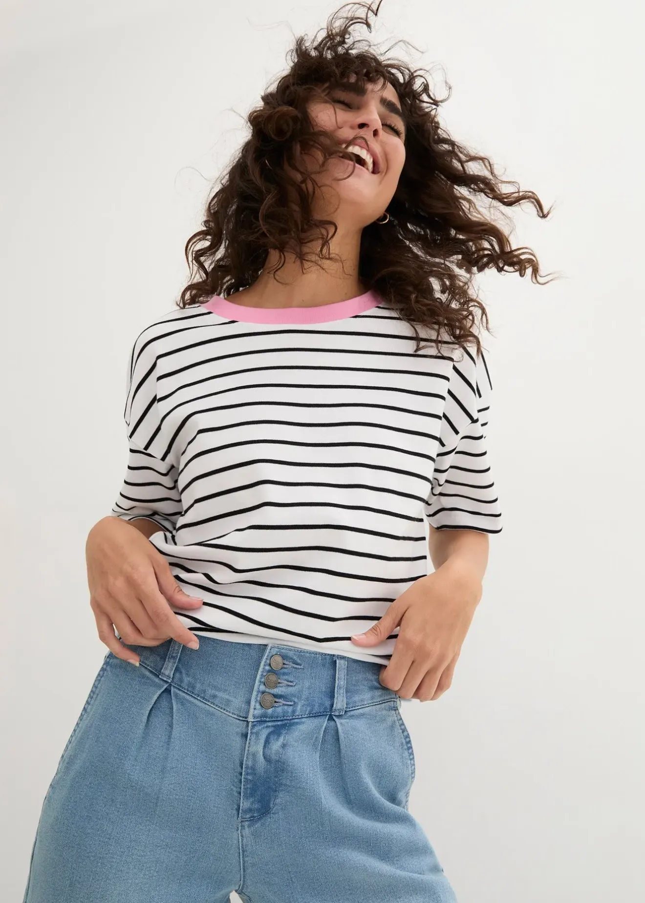 Femme bonprix Jeans|Jean large, taille haute et élastiquée