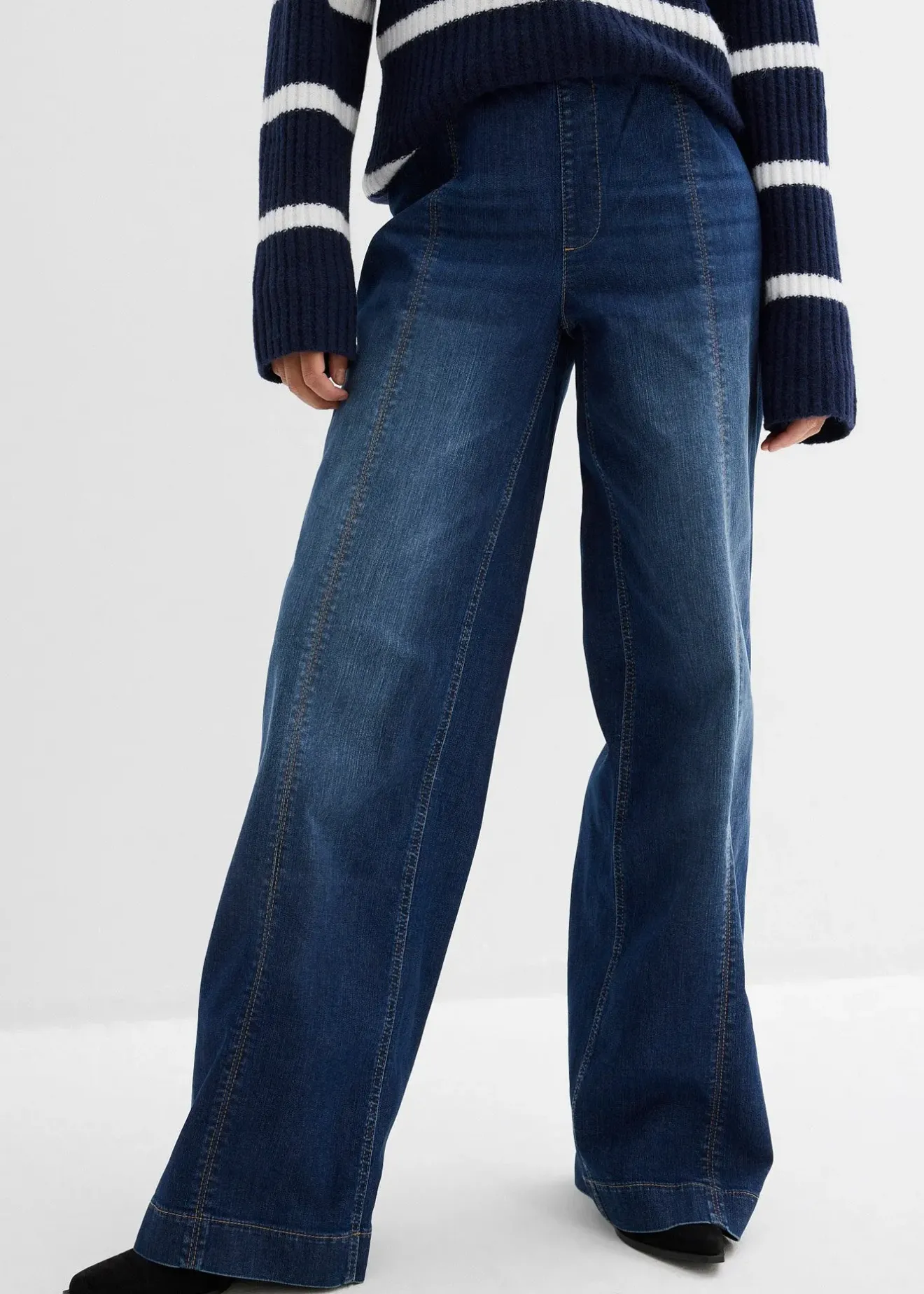 bonprix Jean large taille haute élastiquée, long|Femme Jeans|Tailles Petite