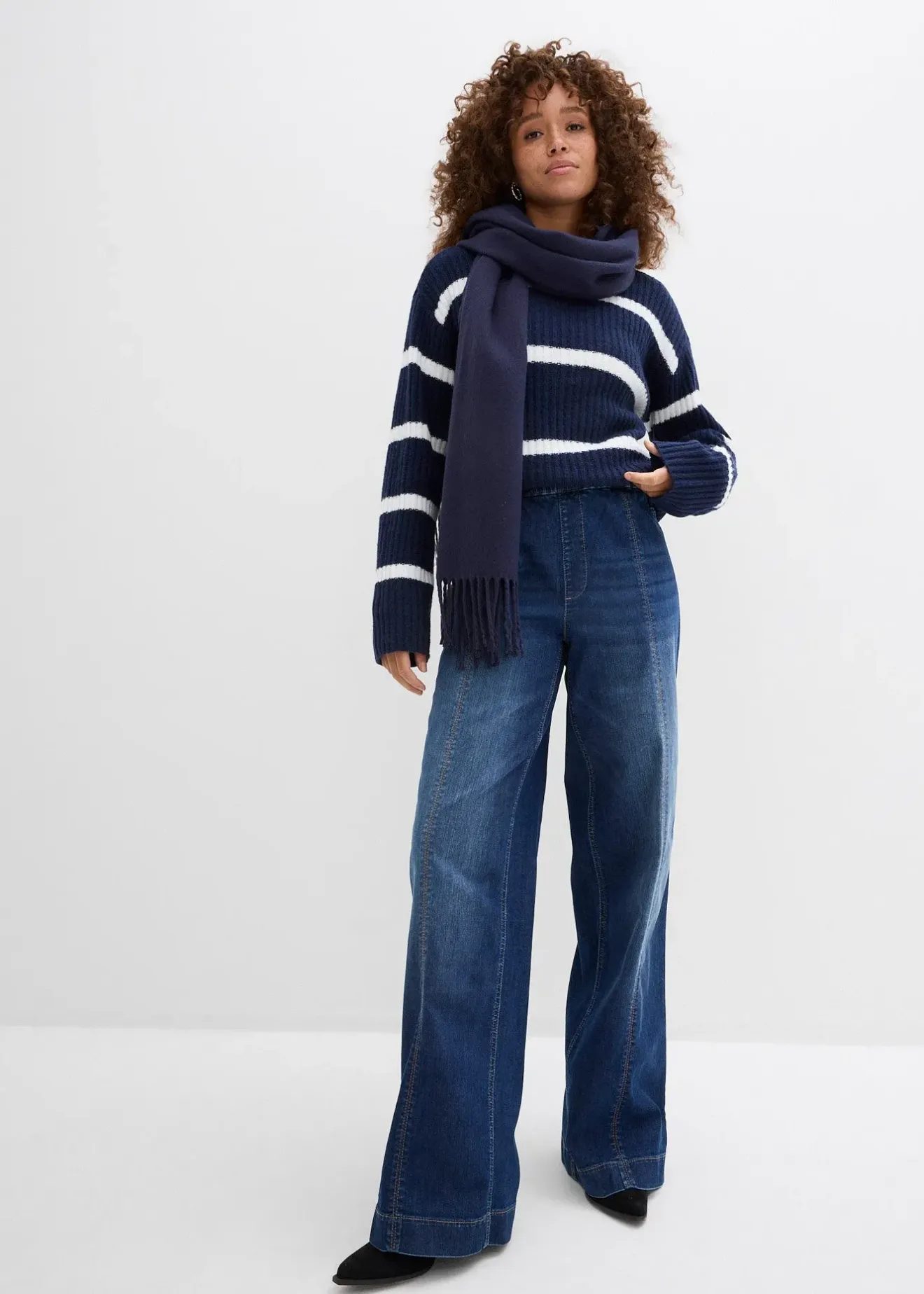 bonprix Jean large taille haute élastiquée, long|Femme Jeans|Tailles Petite