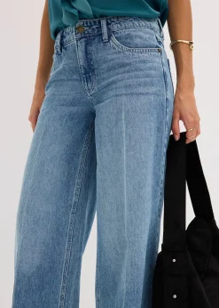 Femme bonprix Jeans|Jean large taille mi-haute, longueur sol, peu extensible