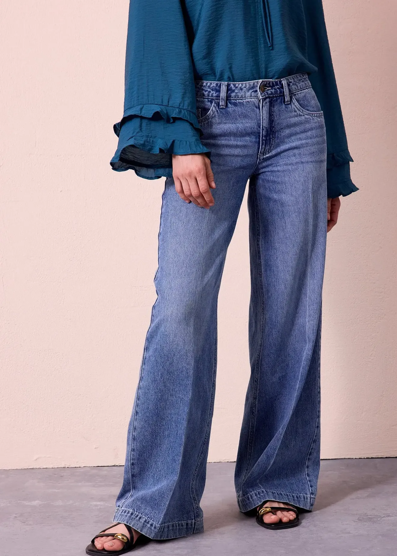 Femme bonprix Jeans|Jean large taille mi-haute, longueur sol, peu extensible