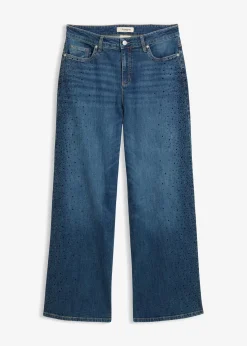 Femme bonprix Jeans|Jean large, taille mi-haute, avec strass