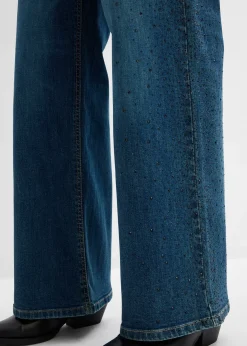 Femme bonprix Jeans|Jean large, taille mi-haute, avec strass