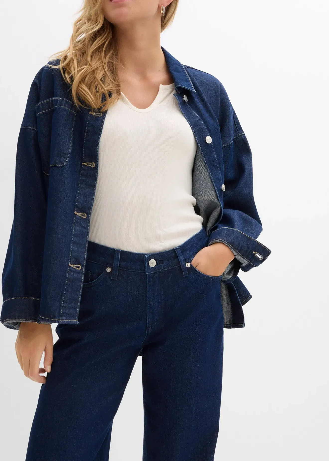 Femme bonprix Jeans|Jean large, taille mi-haute, peu extensible, longueur sol