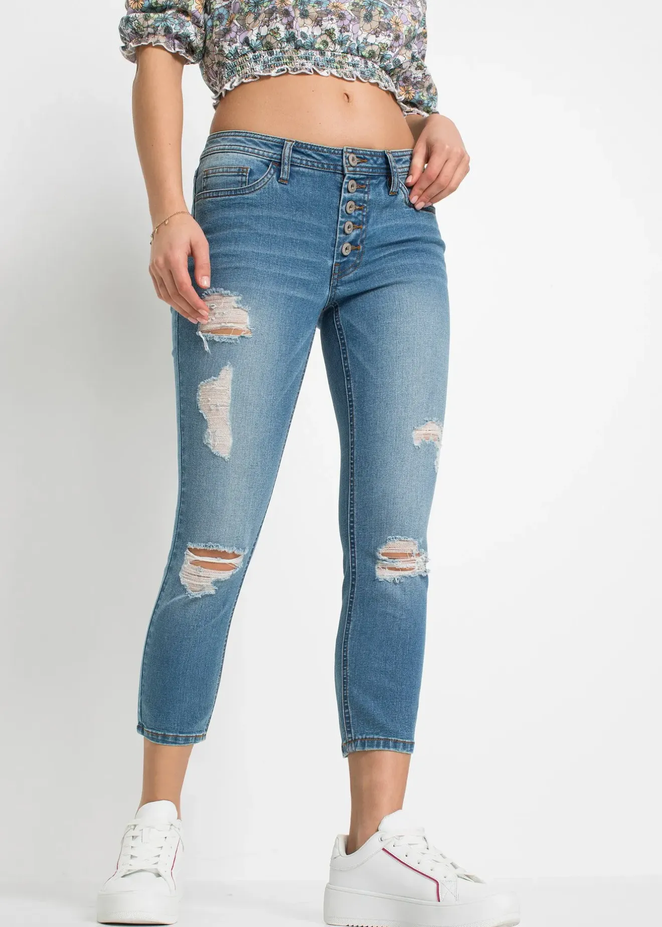 bonprix Jean skinny taille mi-haute, effets destroy|Femme Jeans