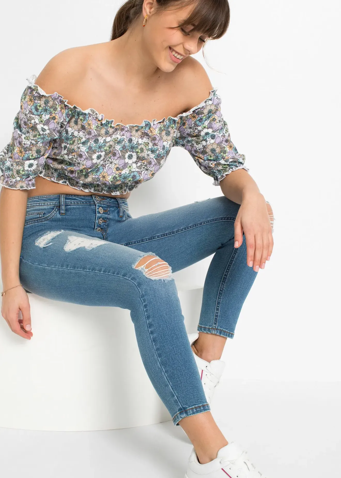 bonprix Jean skinny taille mi-haute, effets destroy|Femme Jeans