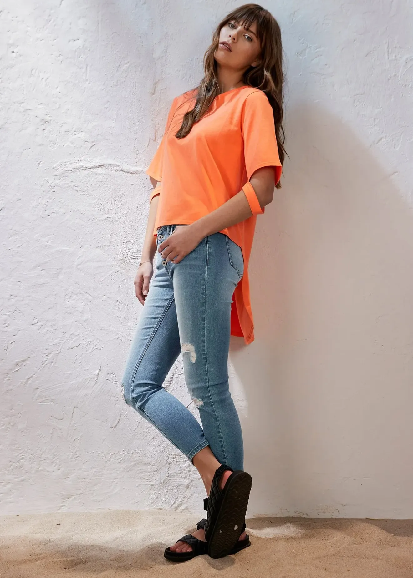 bonprix Jean skinny taille mi-haute, effets destroy|Femme Jeans