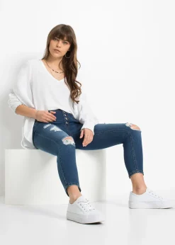Femme bonprix Jeans|Jean skinny taille mi-haute, effets destroy