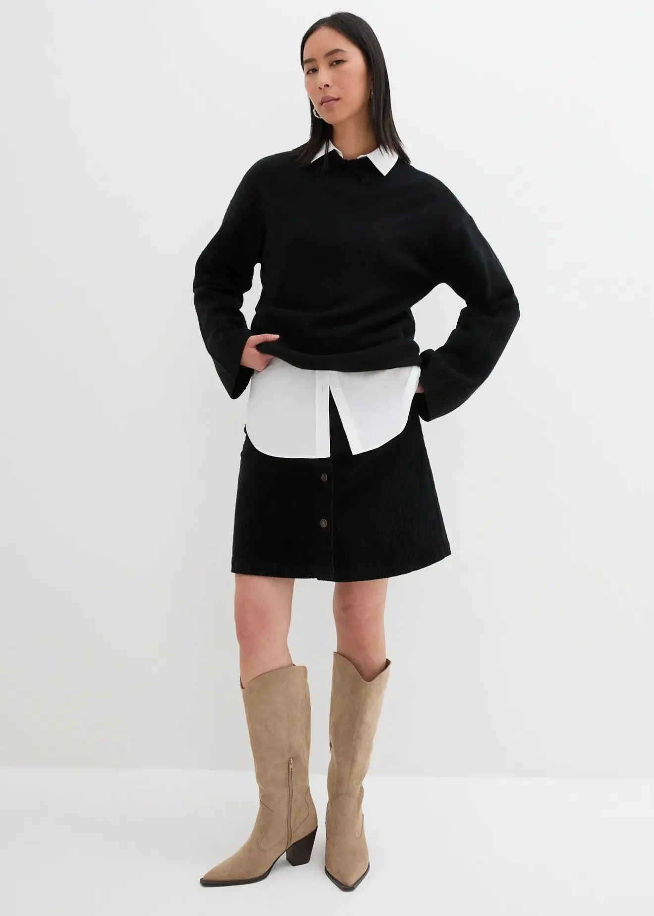 bonprix Jupe boutonnée en velours côtelé extensible|Femme Jupes